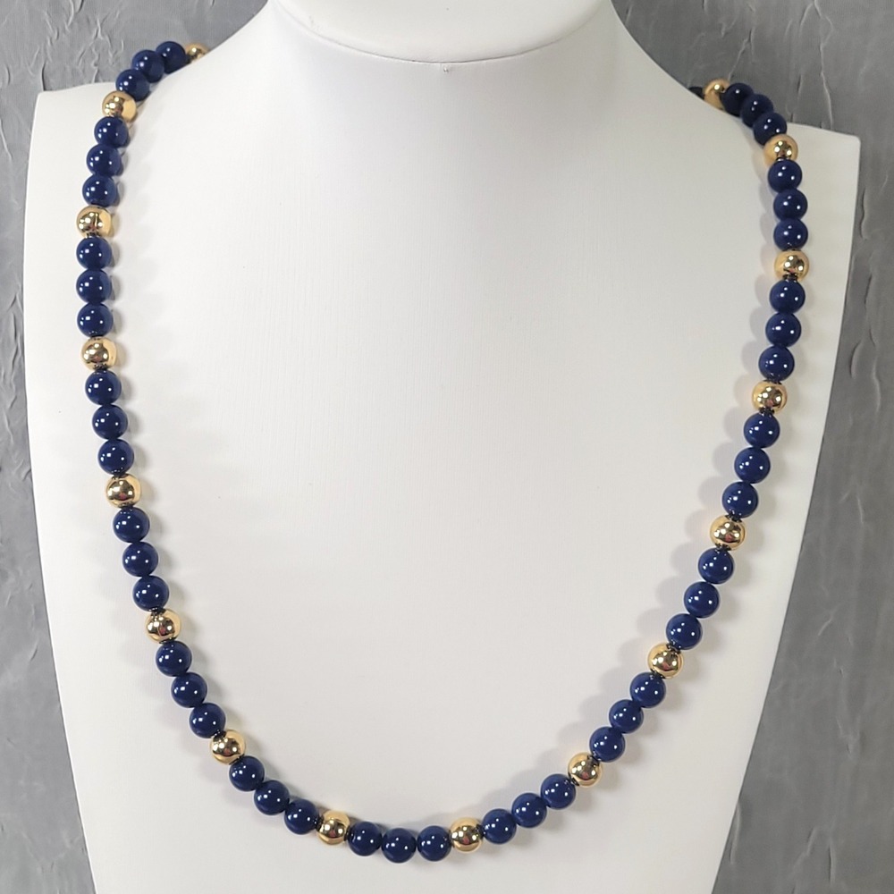 Napier Beaded Necklace Women Navy Blue Gold Tone Acrylic Bead Strand 22in